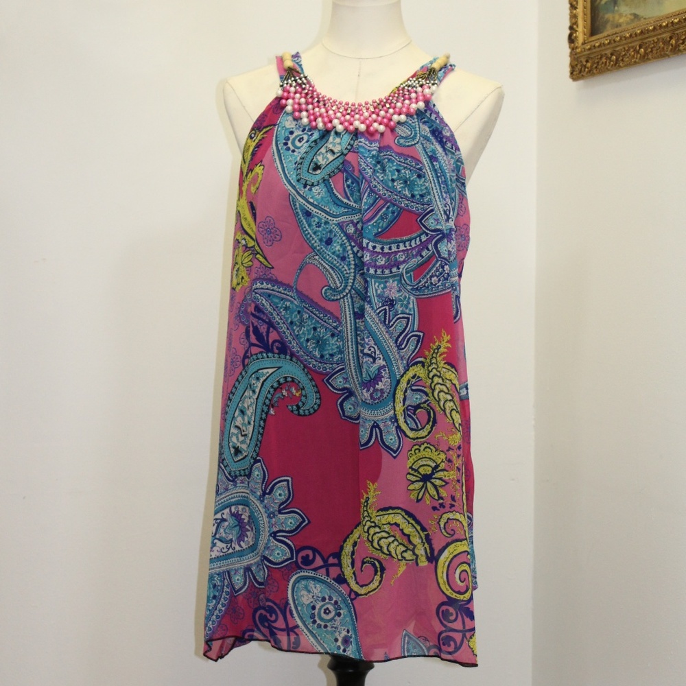 123 USA Dress with Beaded Collar Pink and Blue